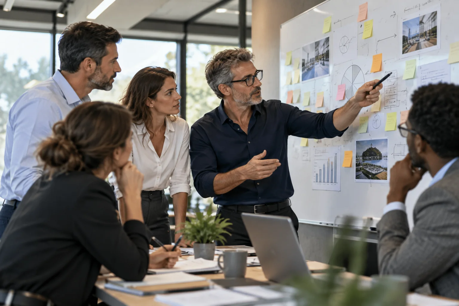 Équipe échangeant autour d’un tableau de travail